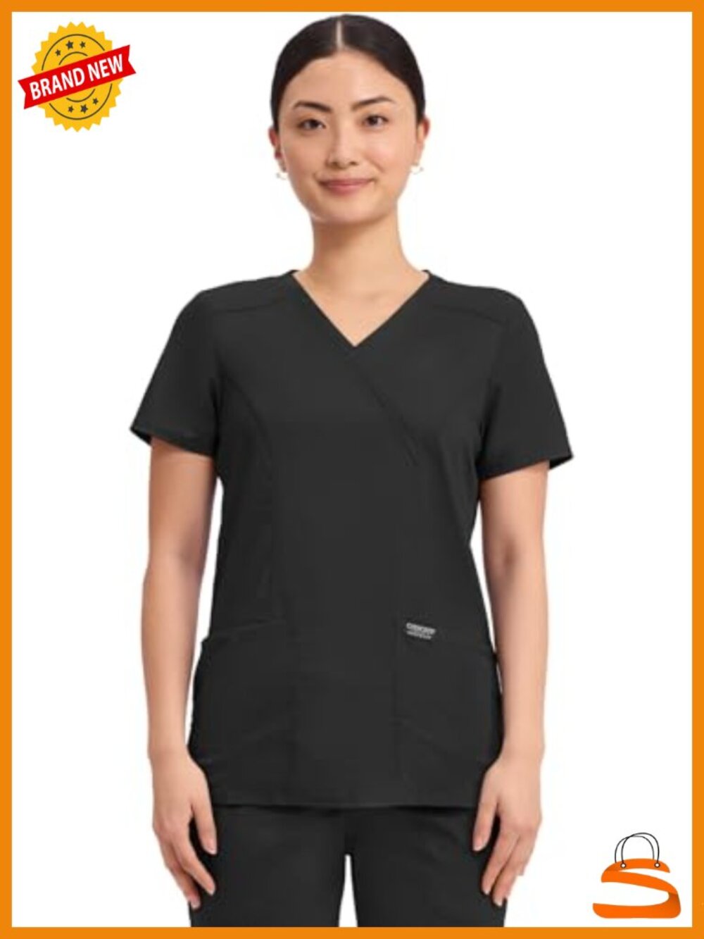 Mock Wrap Scrub Top with 3 Pockets, 2-Way Stretch, 2 Pockets, 1 Interior